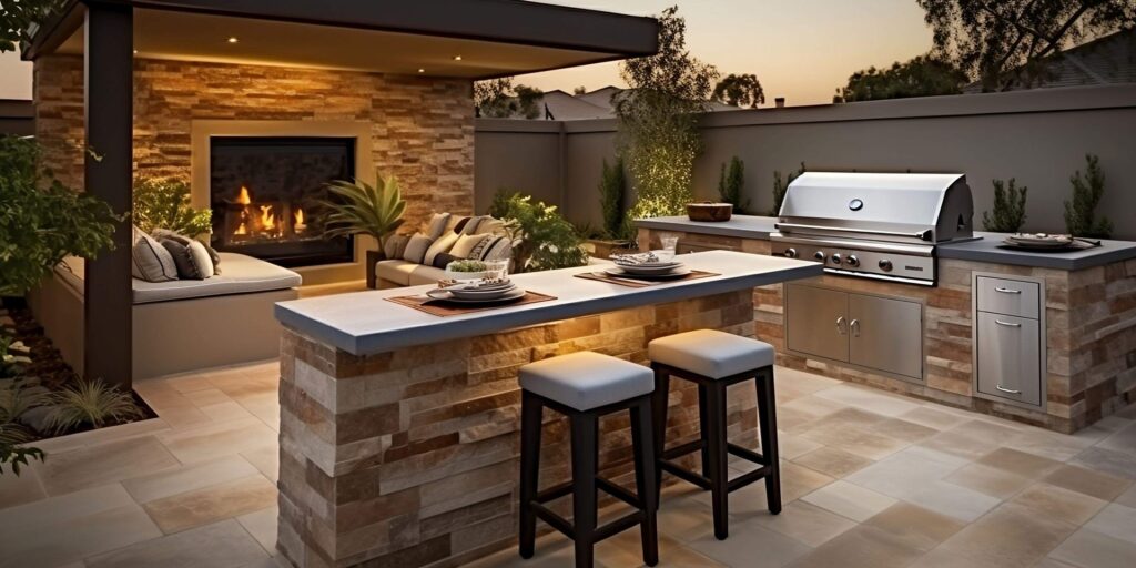 Beautiful patio with grill, fireplace and decking from ProNail Outdoor Living. Contact us now!