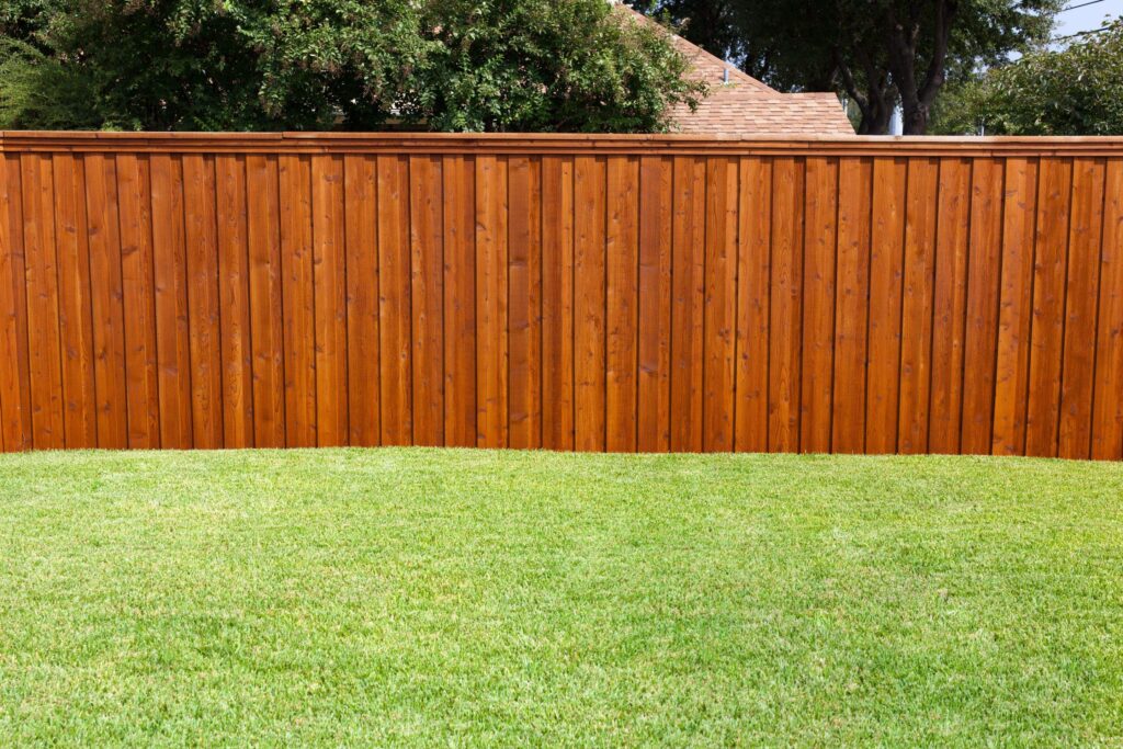 A pleasant sunny backyard with green grass and a nice wood fence. - Outdoor Living