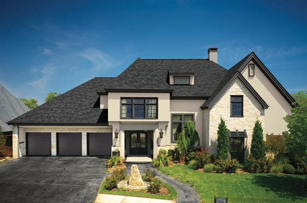 GAF Camelot Charcoal shingles on home.